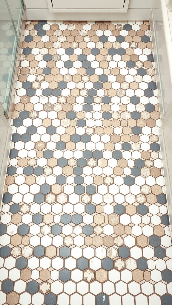 A bathroom floor featuring a mix of hexagon tiles in blue, beige, and white.