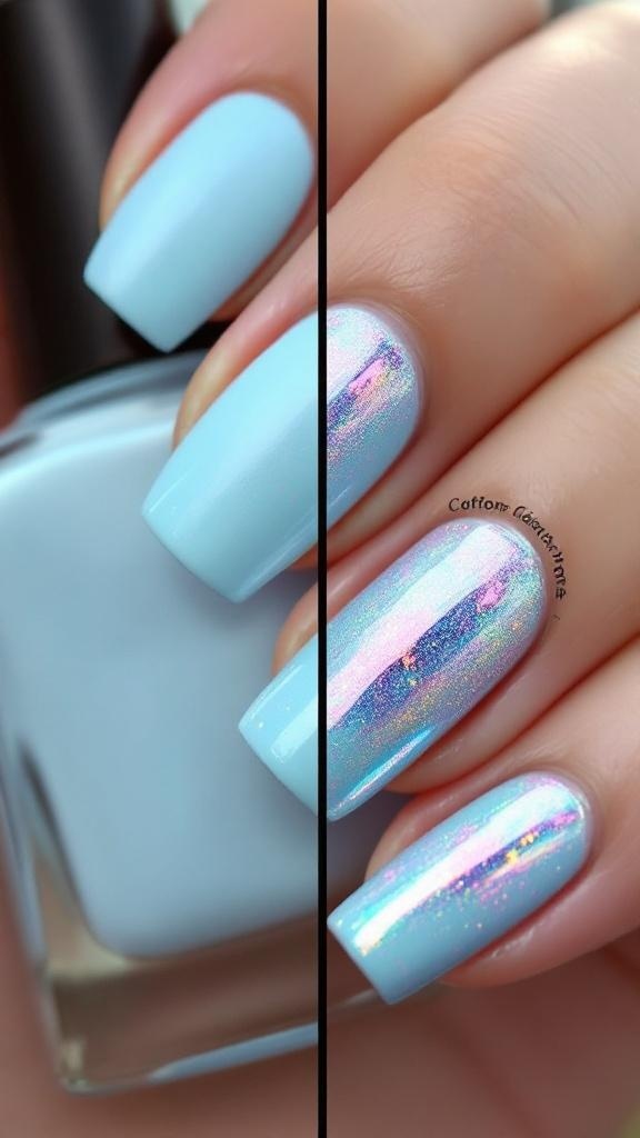 A set of manicured nails featuring a mix of matte and chrome finishes in cotton candy colors with gold rings.