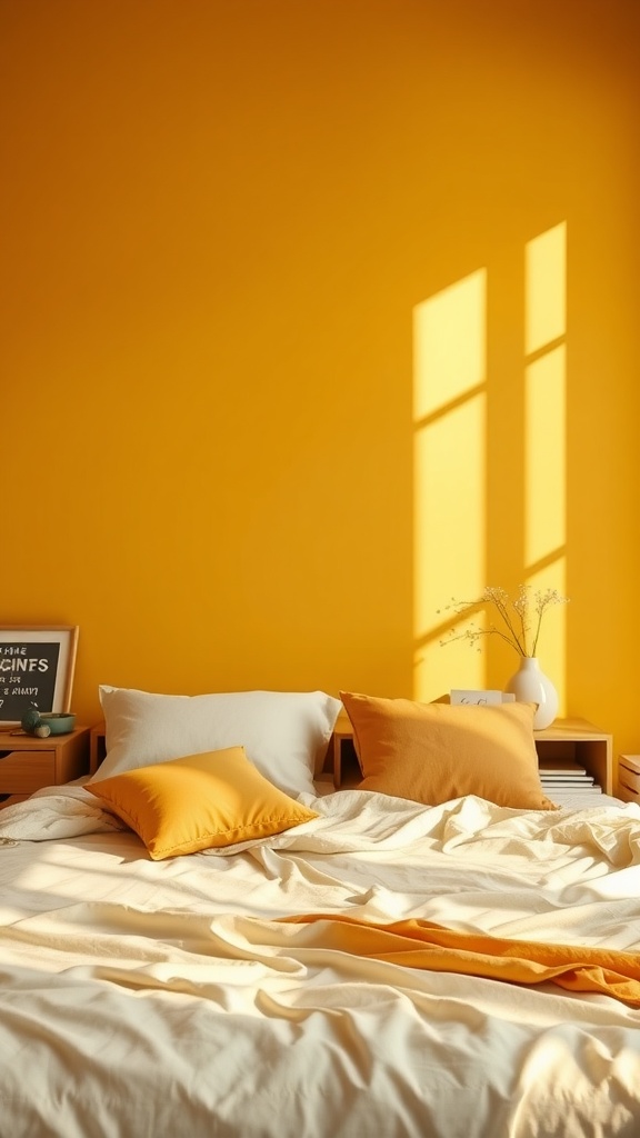 Cozy bedroom with mustard yellow wall and light-colored bedding