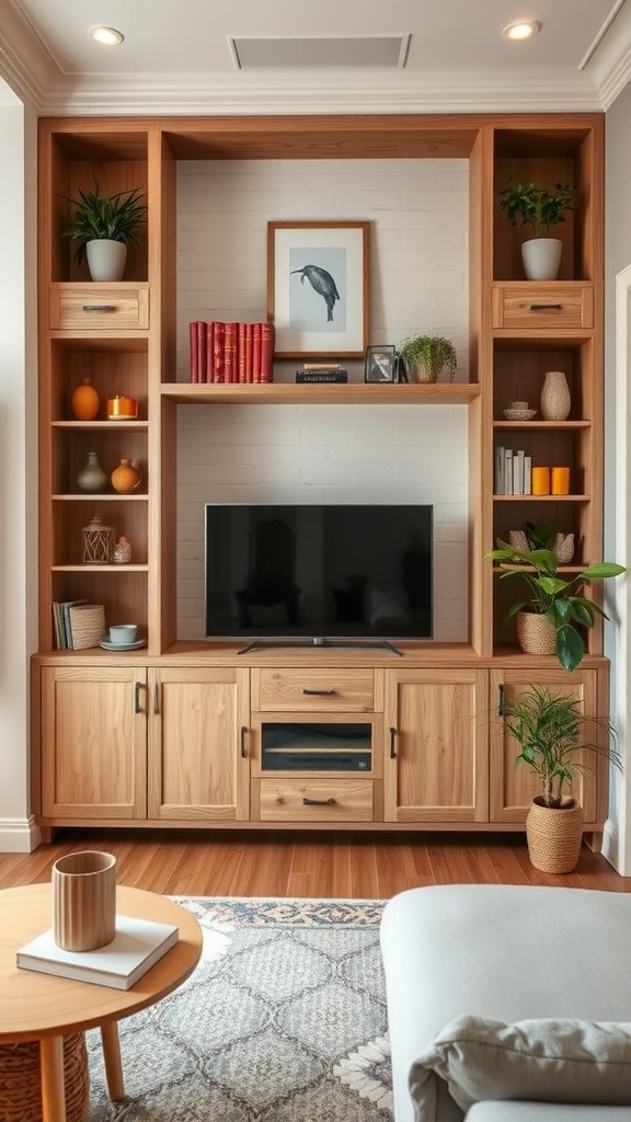 A cozy family room featuring a combination of open shelving and cabinets, showcasing decorative items and a television.