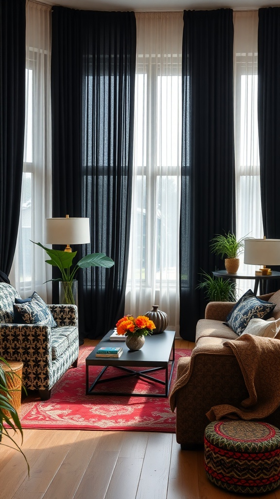 A stylish living room with black and white curtains, patterned furniture, and colorful decor