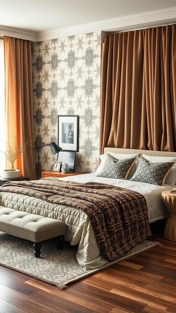 A taupe-themed bedroom featuring patterned curtains and wall decor, with cozy bedding.