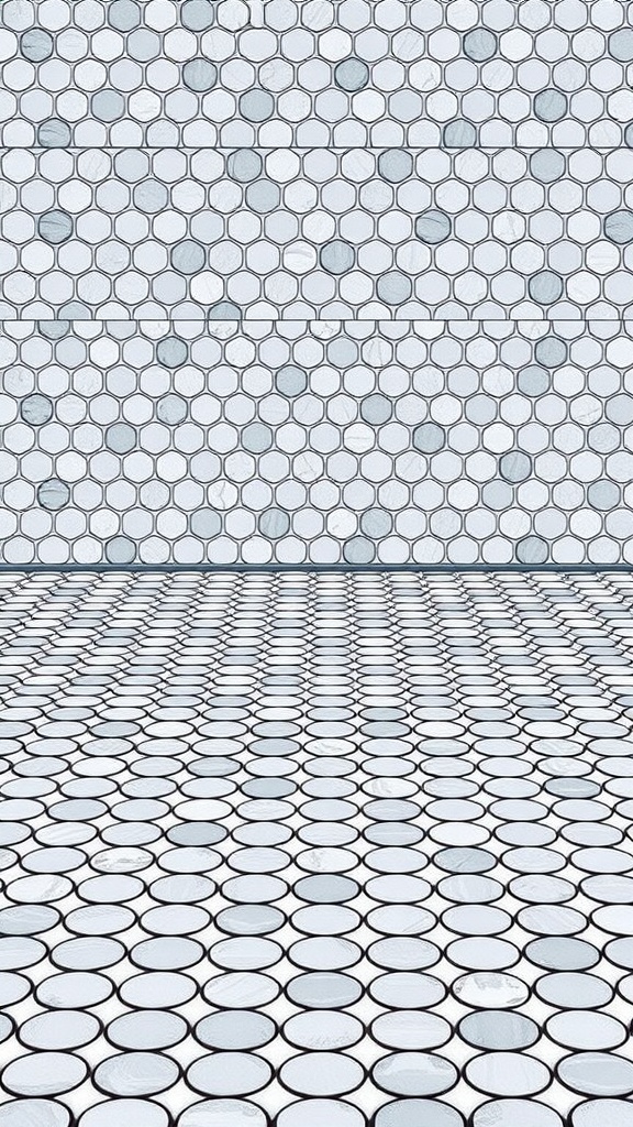 A penny tile bathroom floor featuring small, round tiles in a stylish pattern.