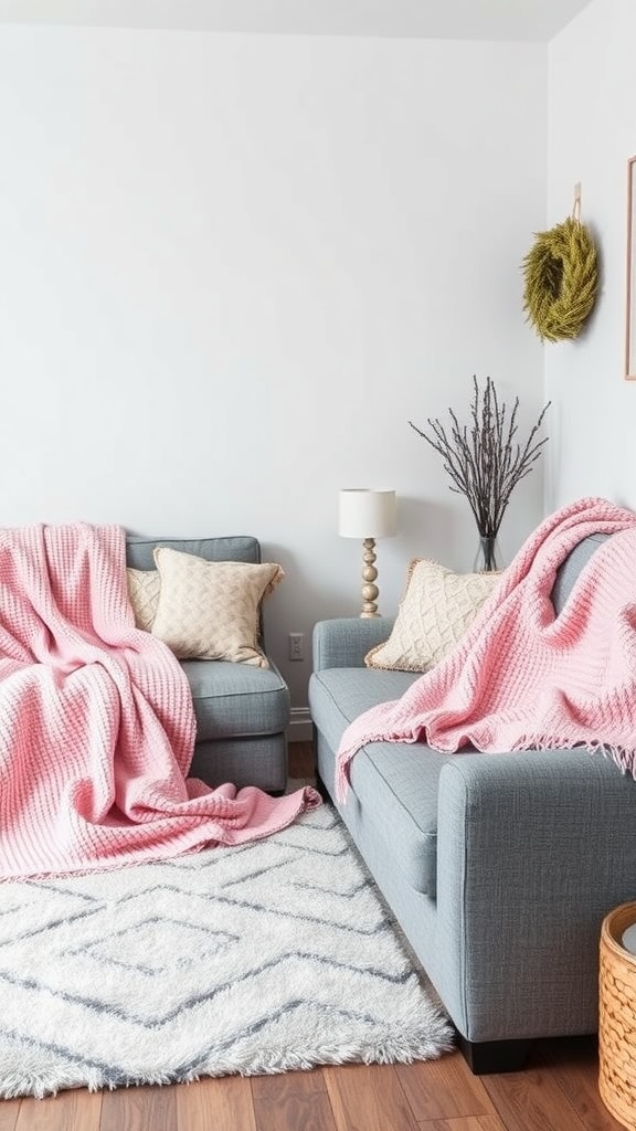 Cozy pink throw blankets draped over grey sofas in a stylish living area