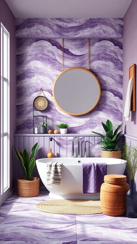 A stylish purple bathroom featuring a bathtub, plants, and wooden accents.