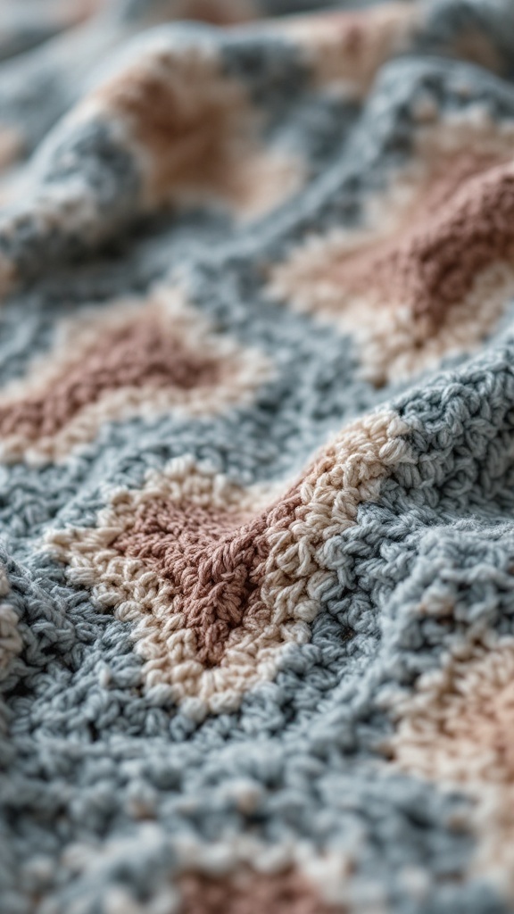 A close-up of a crochet blanket featuring a pattern of contrasting colors and stitches.