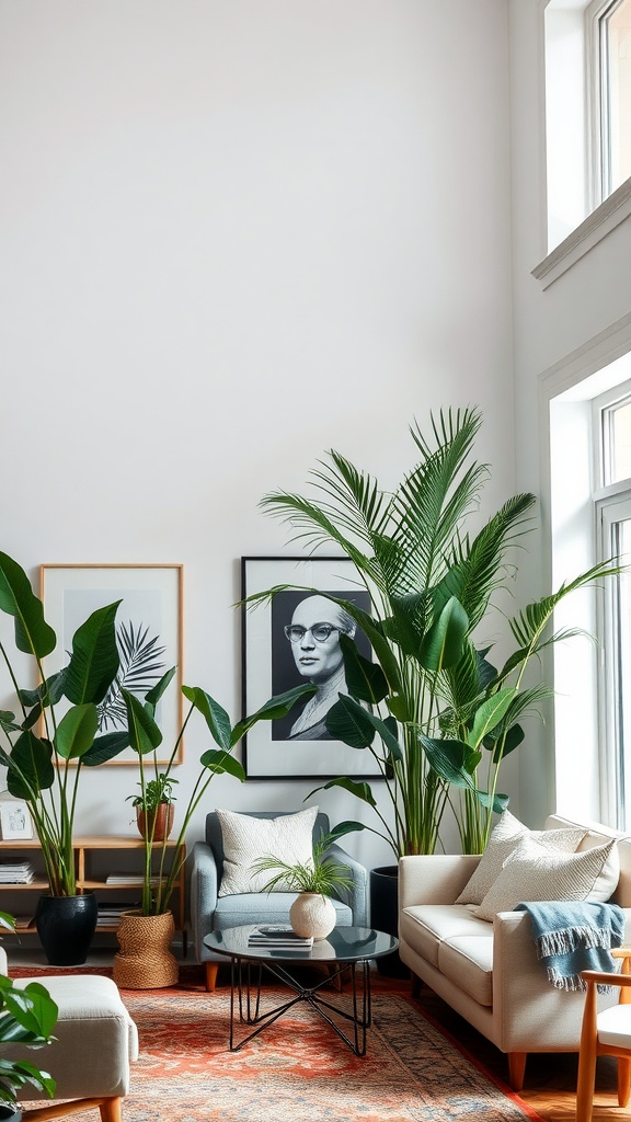 A living room with tall house plants, modern furniture, and wall art.