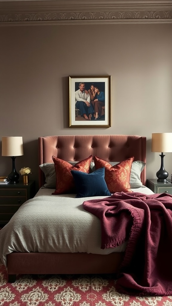 A cozy taupe bedroom featuring jewel-toned pillows and a soft throw, with artwork on the wall adding character.