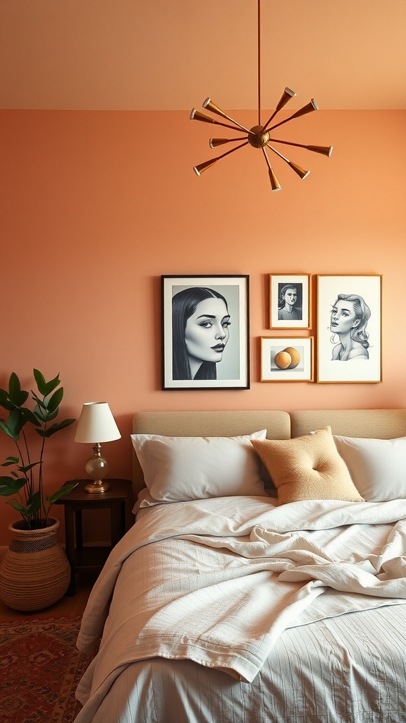 A terracotta bedroom with gray bedding, pastel pillows, and modern art on the walls.