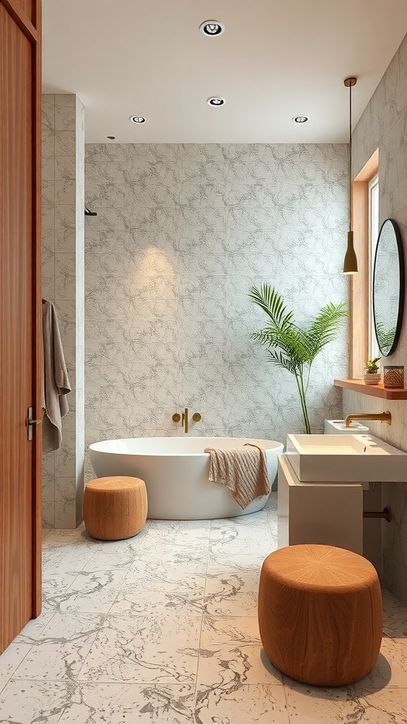 A modern bathroom featuring terrazzo tiles and wooden elements, including a freestanding bathtub and wooden stools.