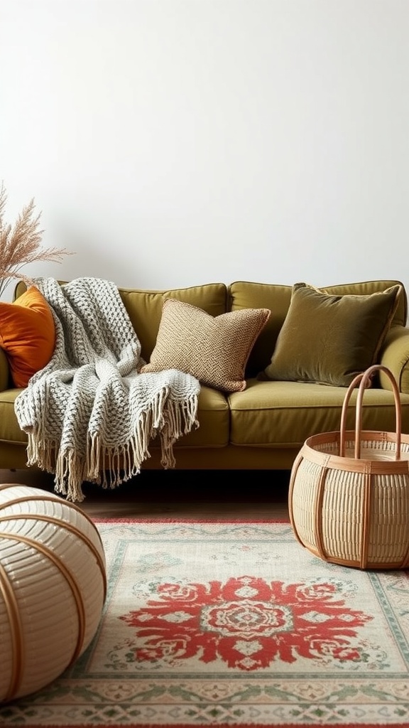 Cozy living room with an olive green couch, textured blankets, and decorative pillows.
