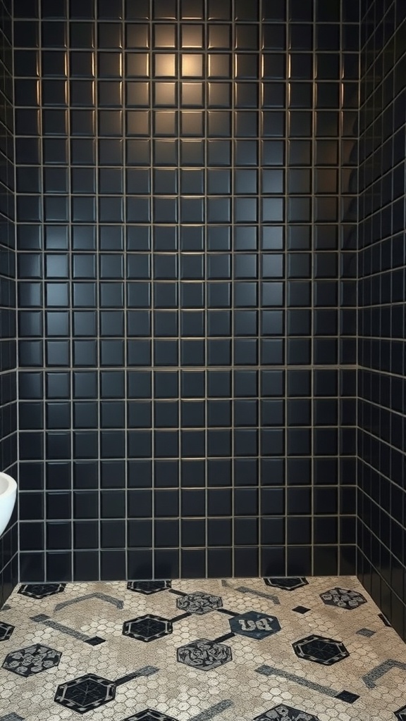 A black tiled bathroom with a patterned floor, showcasing a modern design.