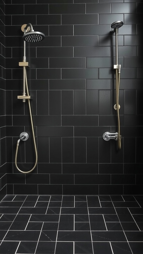 Stylish black tile bathroom floor with metal fixtures