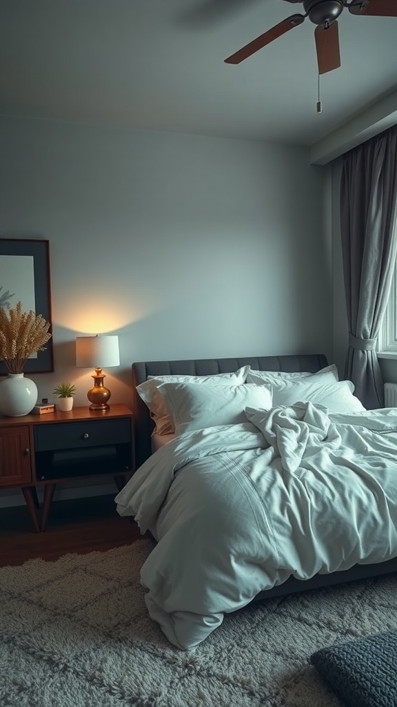 A cozy bedroom featuring soft bedding, a rug, and warm lighting.