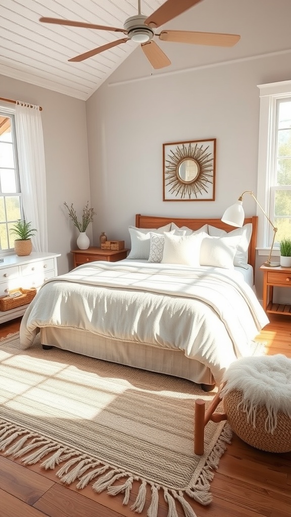 Cozy farmhouse bedroom with a comfortable area rug, light wood flooring, and warm furniture.
