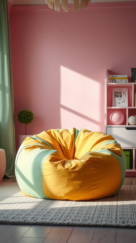 A colorful bean bag chair in a girly room with pink walls and a cozy atmosphere.