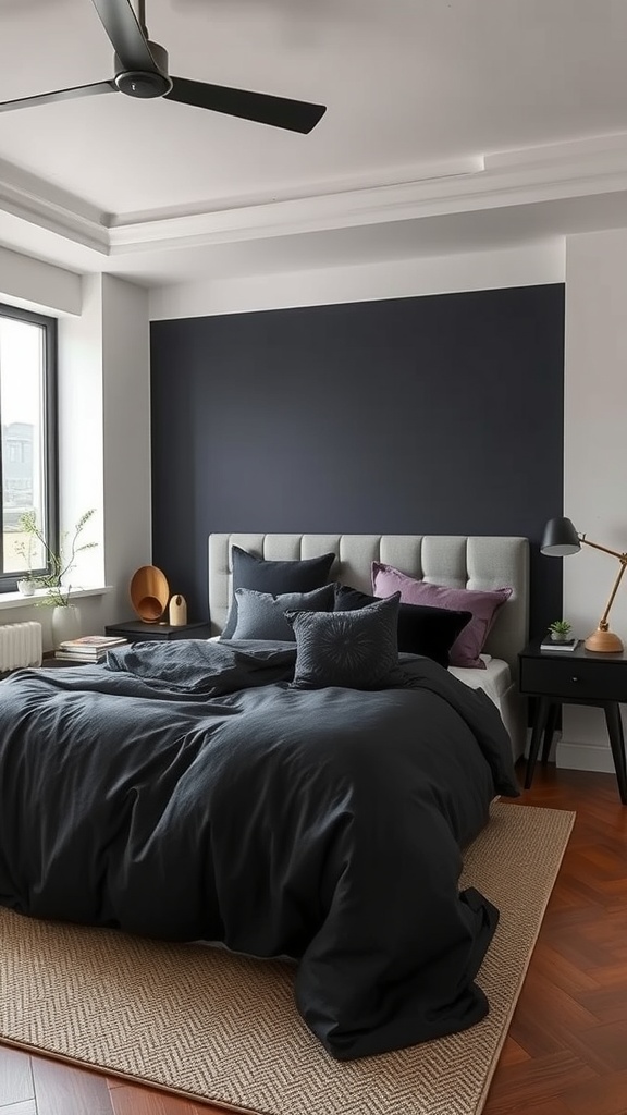 A masculine small bedroom featuring dark bedding, layered pillows, and a stylish headboard.