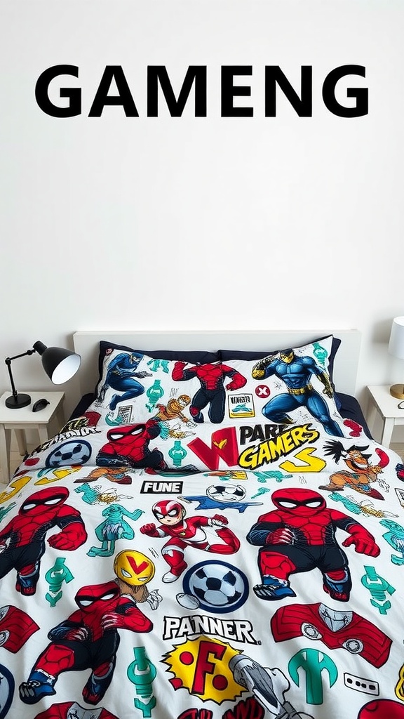 A colorful bedspread featuring gaming and superhero characters, ideal for a boy's gaming bedroom.