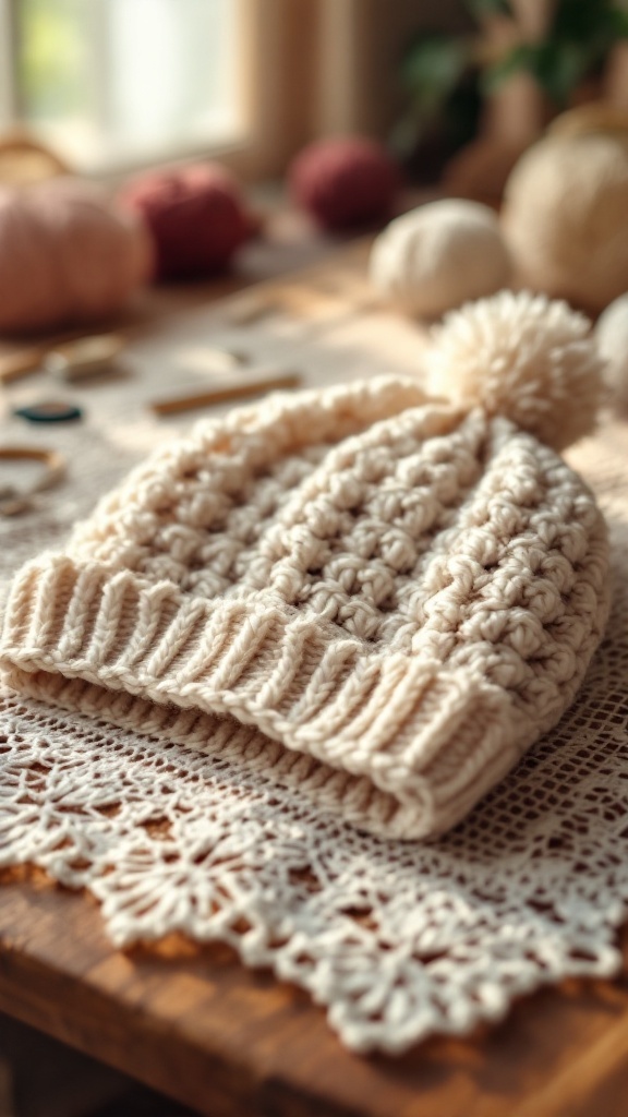 A cozy, cream-colored crochet baby hat with a pom-pom on a lace surface, surrounded by soft yarn balls.