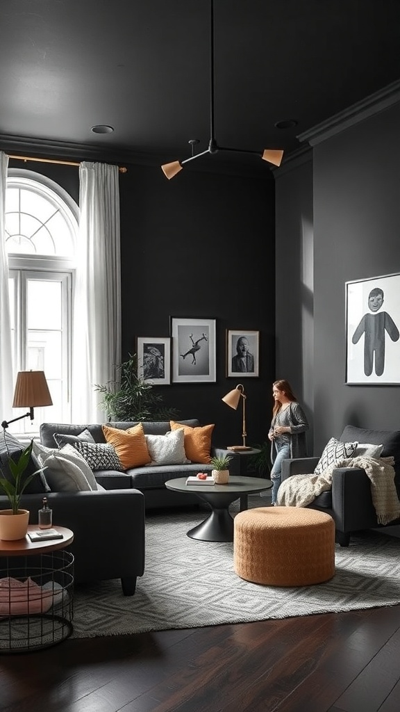 A cozy black living room with a sofa, colorful pillows, a round coffee table, and plants, creating a comfortable family retreat.