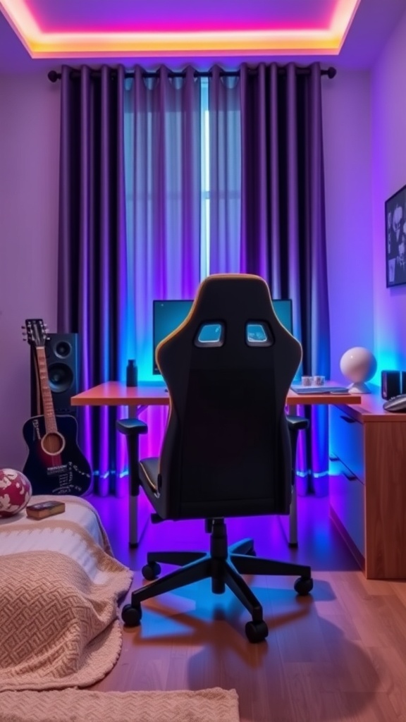 A modern gaming chair in a stylish gaming bedroom setup with LED lighting.