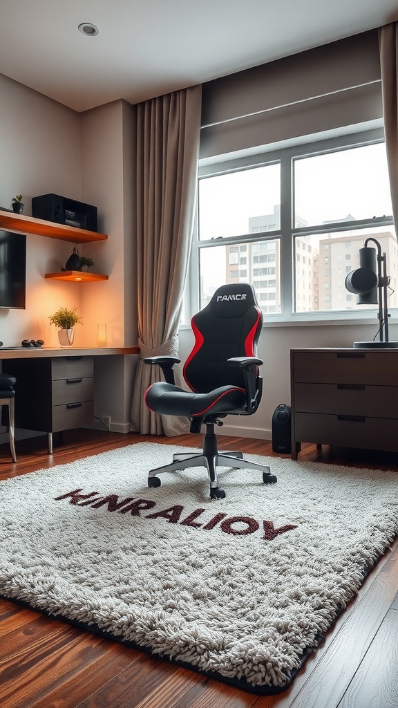 A cozy gaming room featuring a plush rug with a logo, a gaming chair, and a workspace setup.