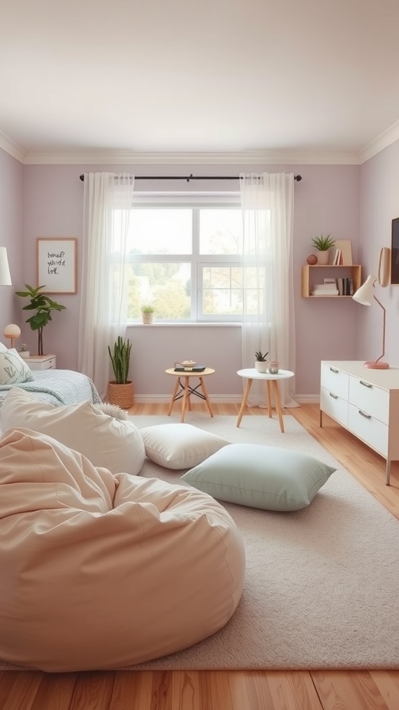 Cozy tween girl's bedroom with bean bags, cushions, and a window view.