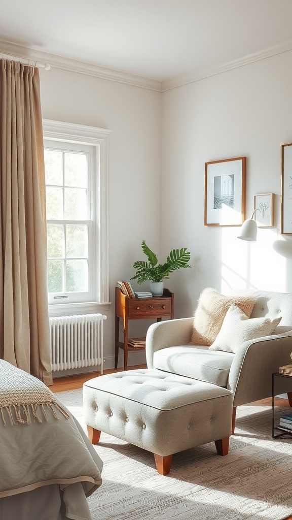A cozy bedroom corner featuring a comfortable ottoman and a reading chair.