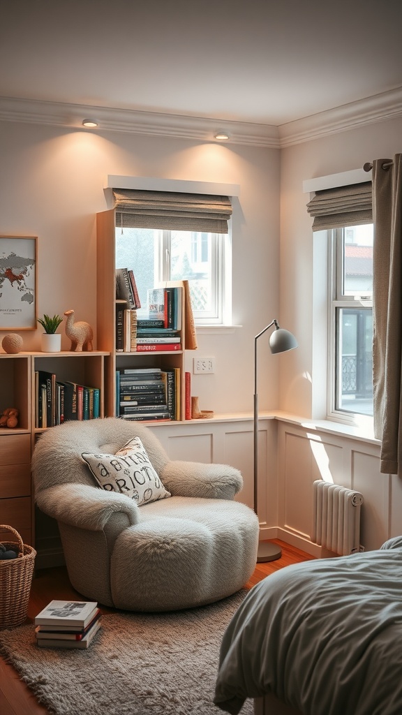 Cozy reading nook with a fluffy chair, a bookshelf filled with books, and warm lighting.