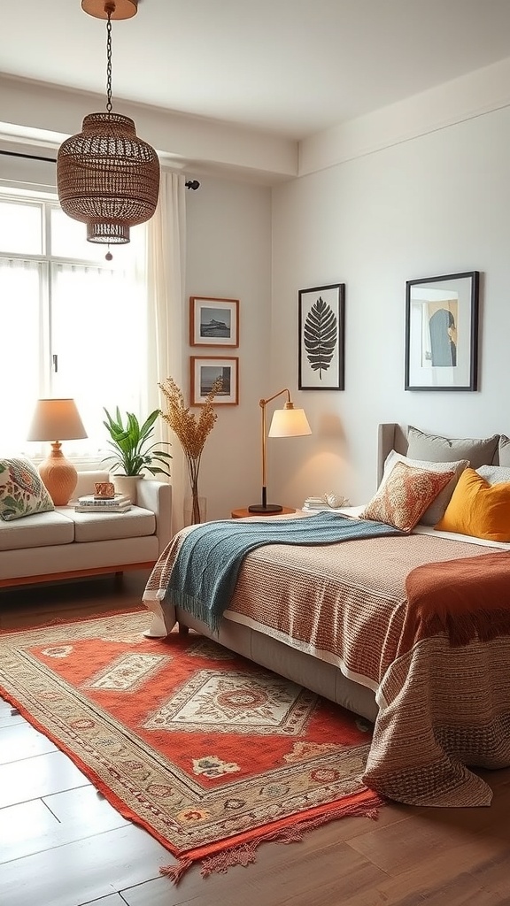 A cozy modern bedroom featuring a reading nook with a sofa, colorful cushions, and a vibrant rug.