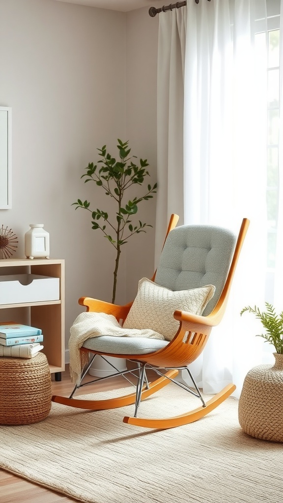 A comfortable rocking chair in a neutral nursery setting, surrounded by soft textures and natural elements.