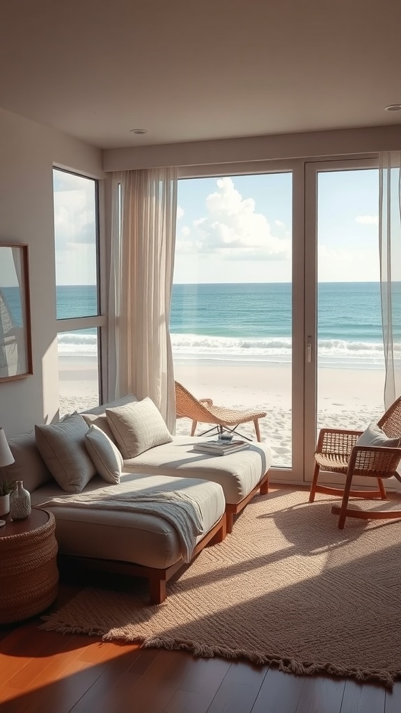 A cozy beach bedroom featuring a comfortable couch and chair with a view of the ocean.