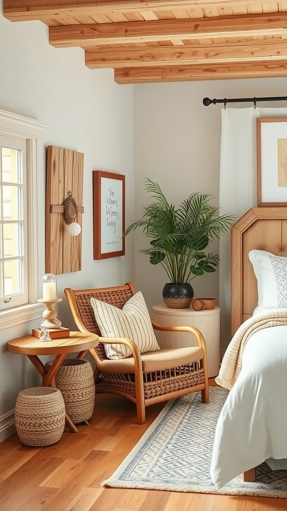 A cozy bedroom corner with a woven chair, side table, and a plant, creating a comfortable seating area.