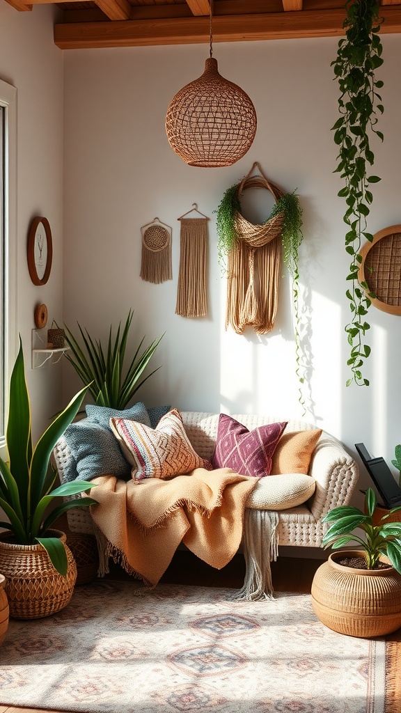 Cozy boho nursery seating area with a sofa, colorful pillows, plants, and woven decor.