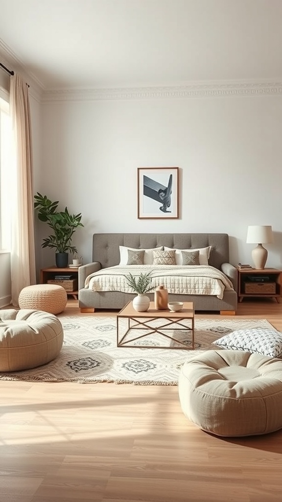 A cozy bohemian living room featuring a plush sofa, poufs, and a coffee table with a plant.