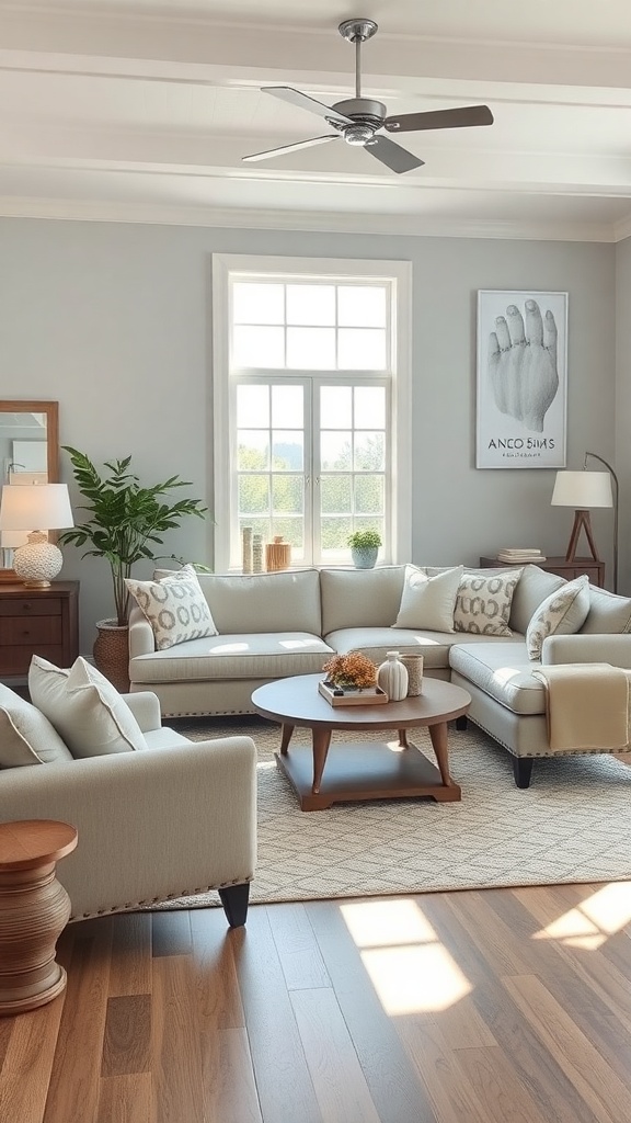 A cozy farmhouse living room with a light-colored sectional sofa, round coffee table, and natural light from large windows.