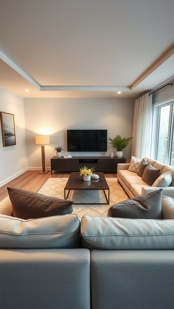 Cozy living room with a sectional sofa, coffee table, and TV setup