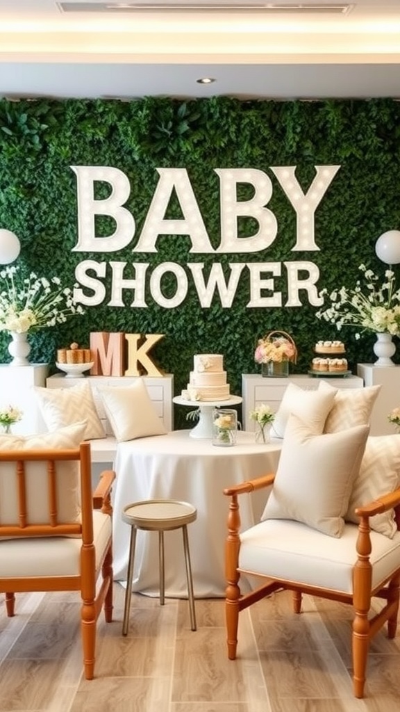 Comfortable seating arrangement for a baby shower with wooden chairs and soft cushions.