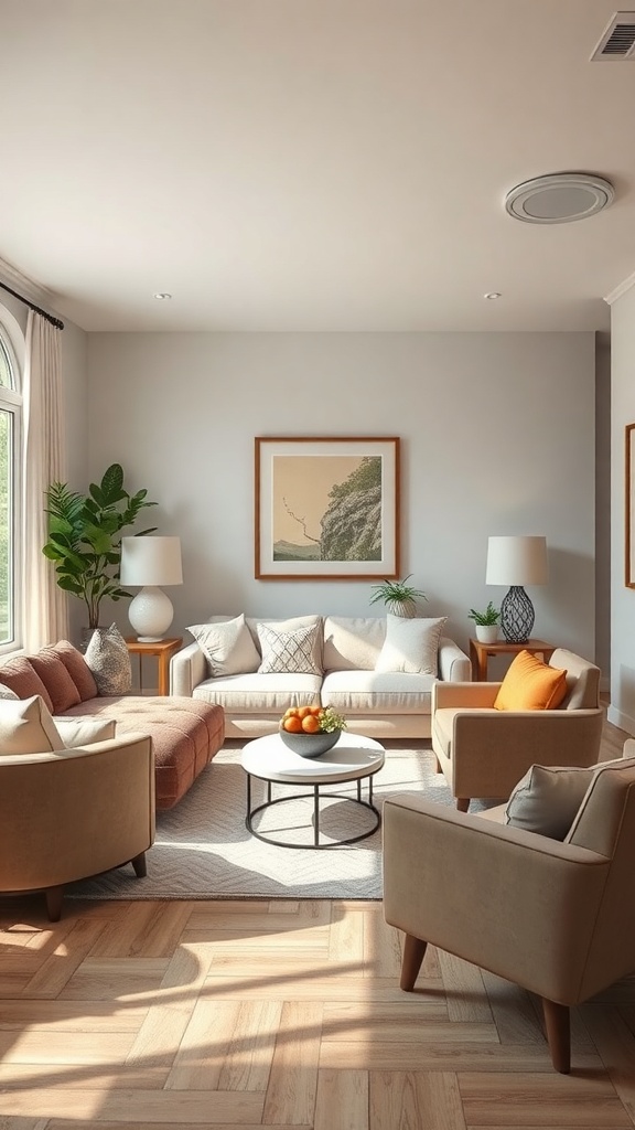 A cozy living room with a sectional sofa, accent chairs, and a round coffee table, featuring plants and artwork.