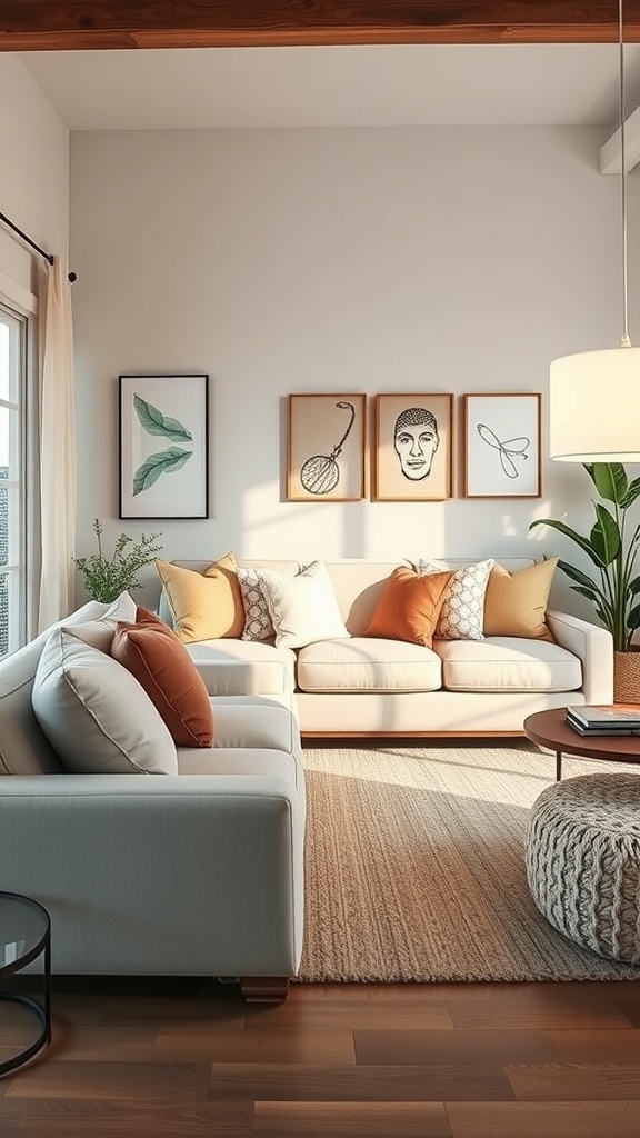 A cozy living room featuring a comfortable sectional sofa with decorative pillows and artwork on the wall.