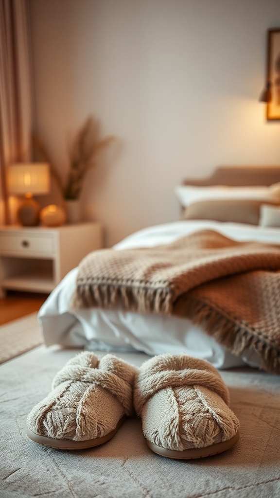 A pair of cozy, plush slippers placed near a bed in a warm bedroom setting.