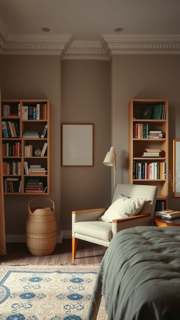 A cozy reading nook in a taupe bedroom, featuring a comfortable chair, bookshelves filled with books, and a decorative basket.