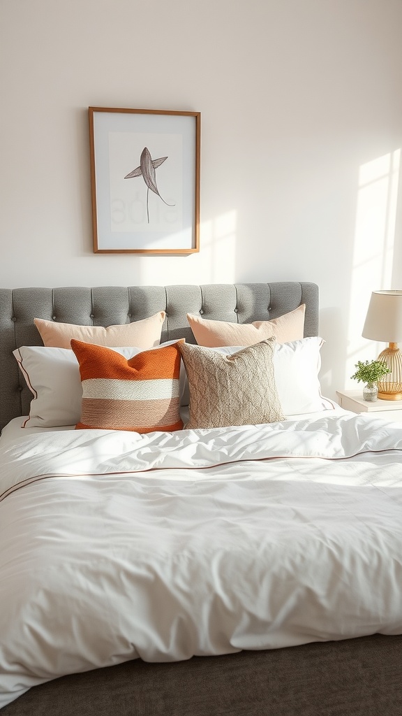 A cozy bed with a variety of throw pillows in soft colors and textures.