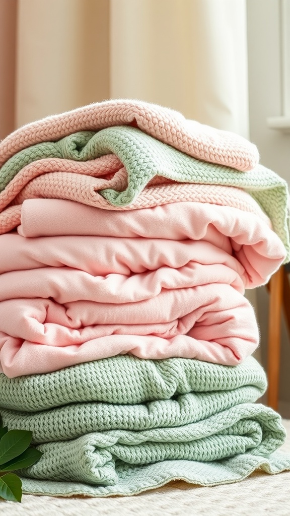 Stack of pink and green nursery blankets