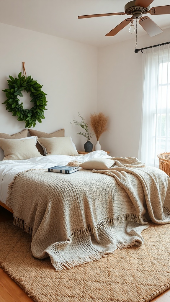 A cozy bedroom with a neutral blanket draped over the bed, complemented by pillows and a soft rug.