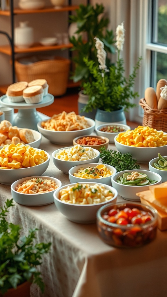 A beautifully arranged mac and cheese bar featuring various types of pasta, toppings, and cheeses.