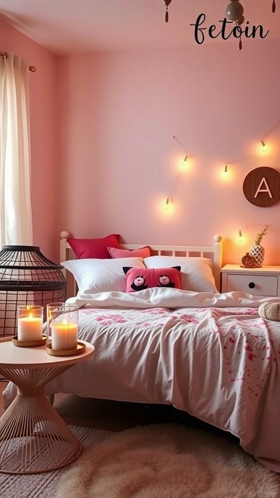 A cozy tween girl's bedroom with pink walls, decorative fairy lights, a comfy bed with cute pillows, and scented candles on a stylish table.
