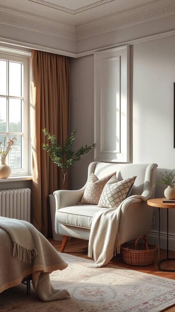 A cozy reading chair in a soft girl bedroom with pillows and a throw blanket, surrounded by plants.
