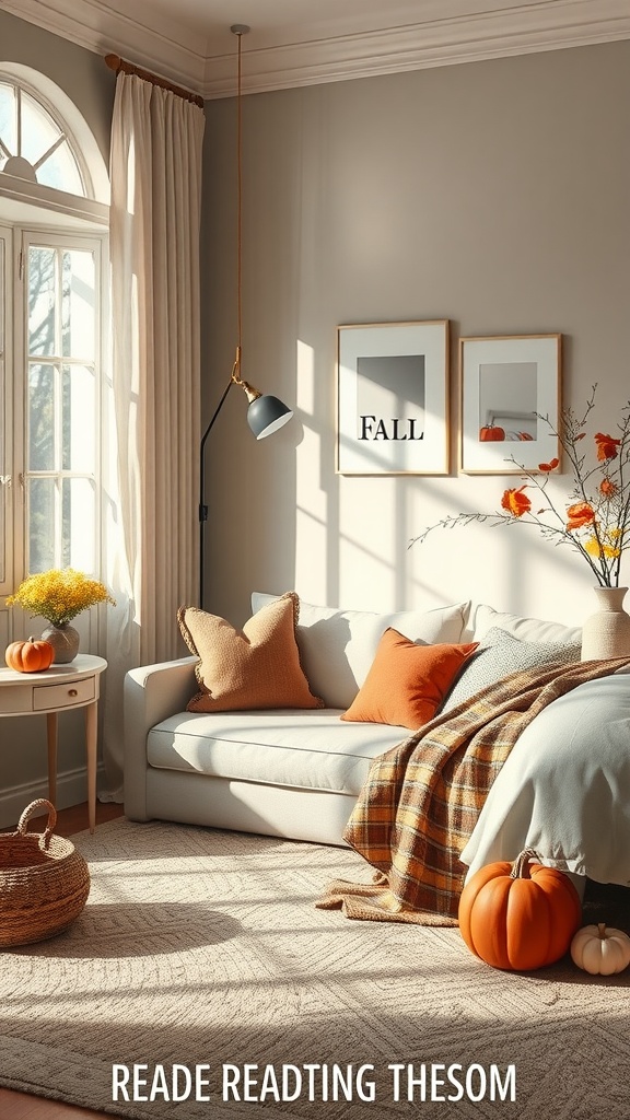 A cozy reading nook with a sofa, fall decor, pumpkins, and warm lighting.