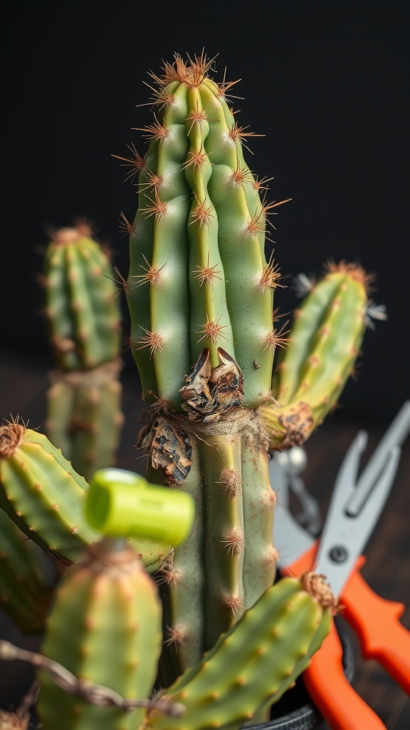 A cactus with tools for care, highlighting the importance of pest management.